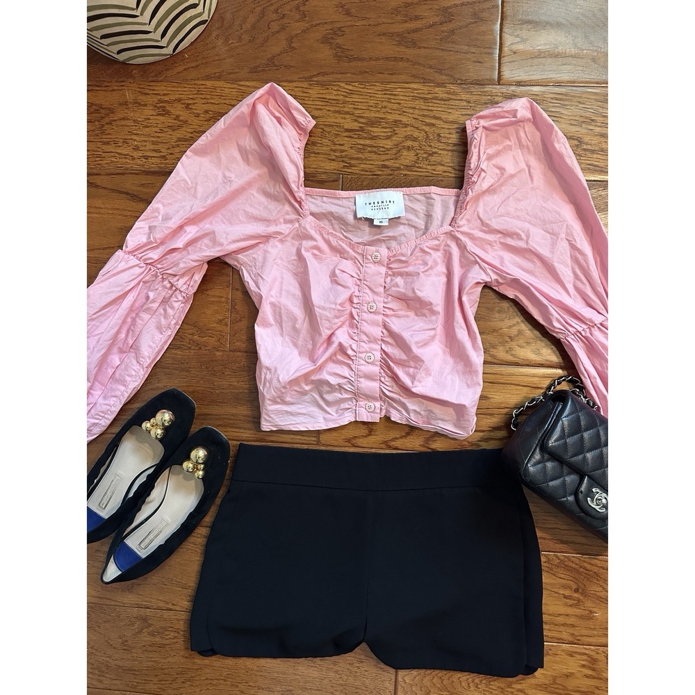 THESHIRT Rochelle Behrens Blouse Womens XS Pink Puff Sleeve Square Neck Top
